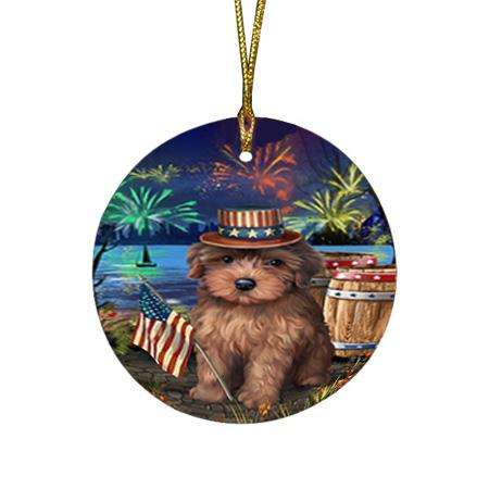 4th of July Independence Day Fireworks Yorkipoo Dog at the Lake Round Flat Christmas Ornament RFPOR51258
