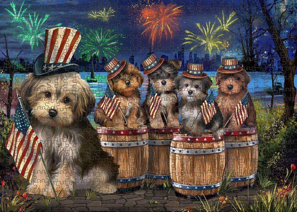 4th of July Independence Day Fireworks Yorkipoos at the Lake Puzzle with Photo Tin PUZL57048