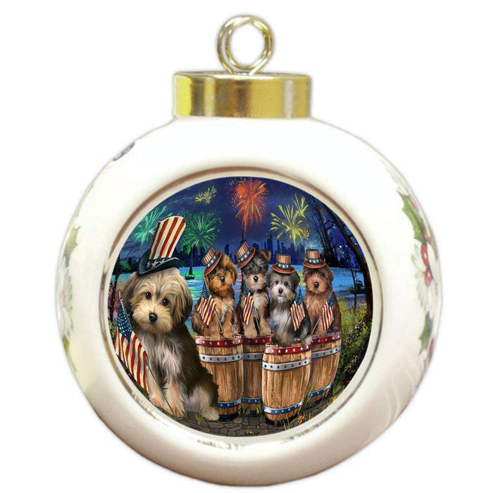 4th of July Independence Day Fireworks Yorkipoos at the Lake Round Ball Christmas Ornament RBPOR51062