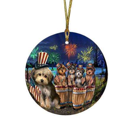 4th of July Independence Day Fireworks Yorkipoos at the Lake Round Flat Christmas Ornament RFPOR51053