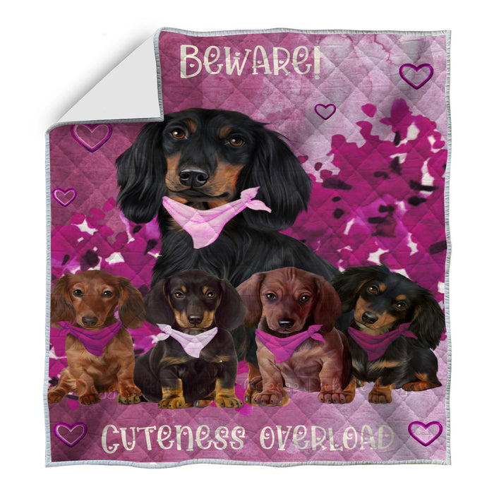 Pink Heart Cuteness Overload Dachshund Dogs Quilt Bed Coverlet Bedspread - Pets Comforter Unique One-side Animal Printing - Soft Lightweight Durable Washable Polyester Quilt AA13