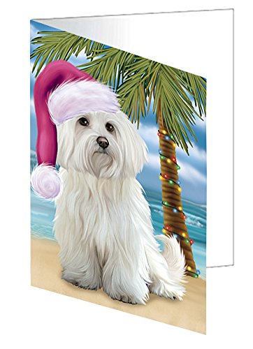Summertime Happy Holidays Christmas Maltese Dog on Tropical Island Beach Handmade Artwork Assorted Pets Greeting Cards and Note Cards with Envelopes for All Occasions and Holiday Seasons D424