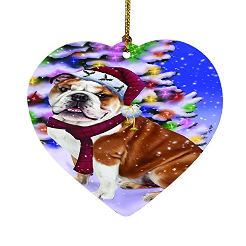 Winterland Wonderland Bulldogs Dog In Christmas Holiday Scenic Background Heart Ornament D488