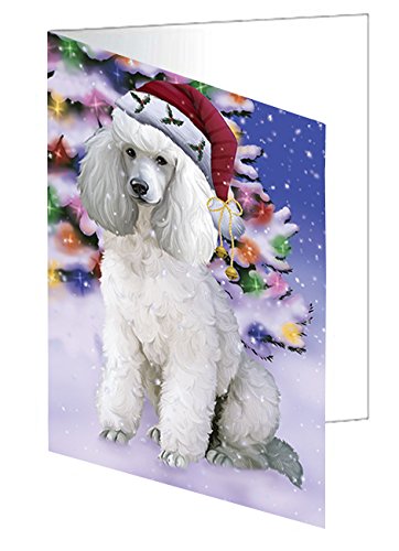 Winterland Wonderland Poodles Dog In Christmas Holiday Scenic Background Handmade Artwork Assorted Pets Greeting Cards and Note Cards with Envelopes for All Occasions and Holiday Seasons