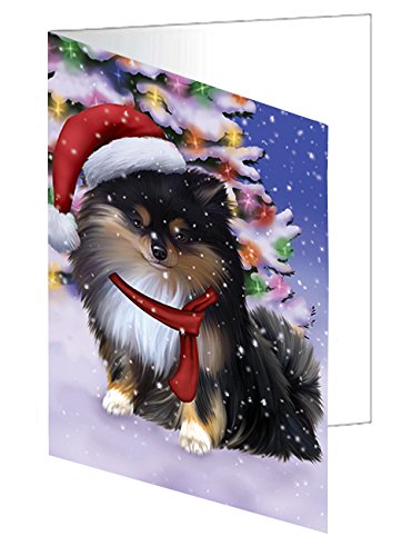 Winterland Wonderland Pomeranians Puppy Dog In Christmas Holiday Scenic Background Handmade Artwork Assorted Pets Greeting Cards and Note Cards with Envelopes for All Occasions and Holiday Seasons