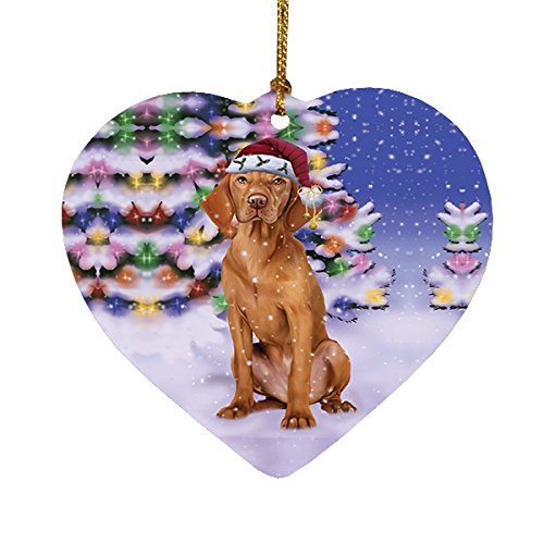 Winterland Wonderland Vizsla Dog In Christmas Holiday Scenic Background Heart Ornament