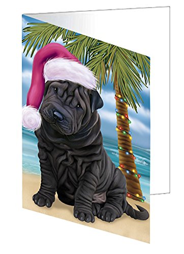 Summertime Happy Holidays Christmas Shar Pei Dog on Tropical Island Beach Handmade Artwork Assorted Pets Greeting Cards and Note Cards with Envelopes for All Occasions and Holiday Seasons D441