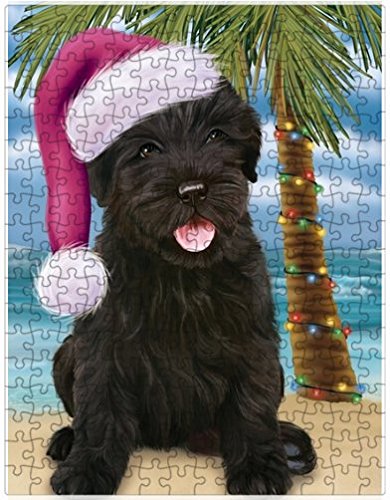 Summertime Happy Holidays Christmas Black Russian Terrier Dog on Tropical Island Beach Puzzle with Photo Tin