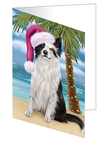 Summertime Happy Holidays Christmas Border Collie Dog on Tropical Island Beach Handmade Artwork Assorted Pets Greeting Cards and Note Cards with Envelopes for All Occasions and Holiday Seasons