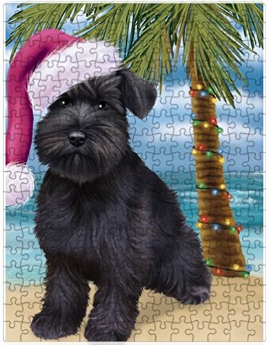 Summertime Happy Holidays Christmas Schnauzer Dog on Tropical Island Beach Puzzle with Photo Tin