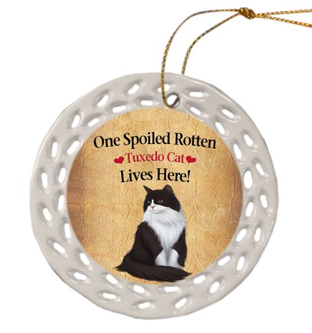 Tuxedo Cat Christmas Doily Ceramic Ornament