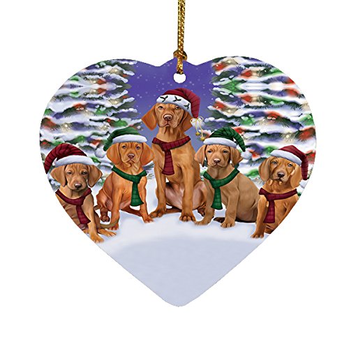 Vizsla Dog Christmas Family Portrait in Holiday Scenic Background Heart Ornament