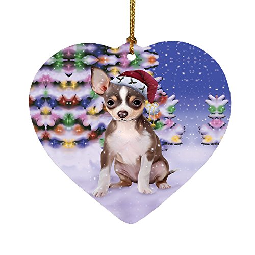 Winterland Wonderland Chihuahua Dog In Christmas Holiday Scenic Background Heart Ornament
