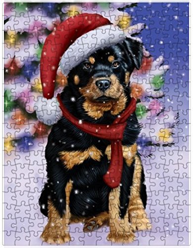 Winterland Wonderland Rottweiler Dog In Christmas Holiday Scenic Background Puzzle with Photo Tin