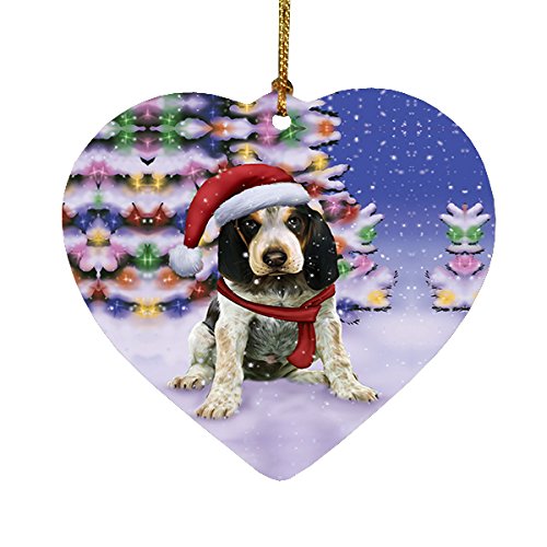 Winterland Wonderland Bluetick Coonhound Puppy Dog In Christmas Holiday Scenic Background Heart Ornament