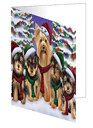 Yorkshire Terriers Dog Christmas Family Portrait in Holiday Scenic Background Handmade Artwork Assorted Pets Greeting Cards and Note Cards with Envelopes for All Occasions and Holiday Seasons