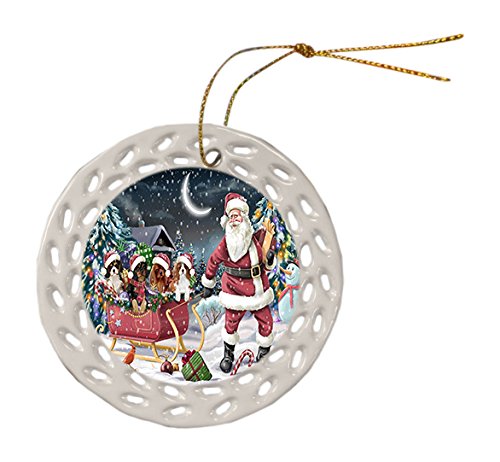 Santa Sled Dogs Cavalier King Charles Spaniel Christmas Round Doily Ornament POR407