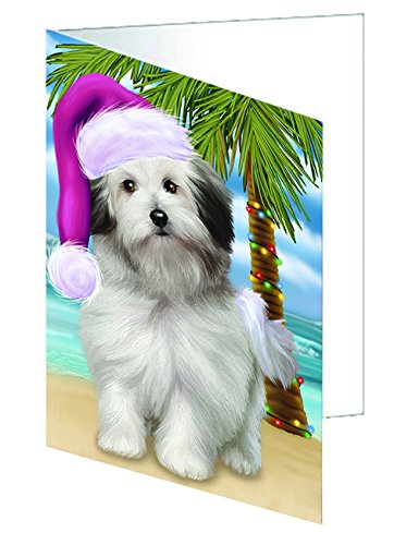 Summertime Happy Holidays Christmas Bolognese Dogs on Tropical Island Beach Handmade Artwork Assorted Pets Greeting Cards and Note Cards with Envelopes for All Occasions and Holiday Seasons