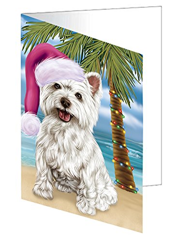 Summertime Happy Holidays Christmas West Highland Terriers Dog on Tropical Island Beach Handmade Artwork Assorted Pets Greeting Cards and Note Cards with Envelopes for All Occasions and Holiday Seasons D450