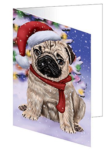 Winterland Wonderland Pug Dog In Christmas Holiday Scenic Background Handmade Artwork Assorted Pets Greeting Cards and Note Cards with Envelopes for All Occasions and Holiday Seasons