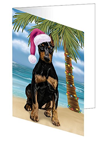Summertime Happy Holidays Christmas Doberman Dog on Tropical Island Beach Handmade Artwork Assorted Pets Greeting Cards and Note Cards with Envelopes for All Occasions and Holiday Seasons D411