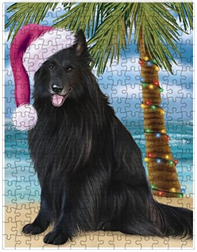 Summertime Happy Holidays Christmas Belgian Shepherds Dog on Tropical Island Beach Puzzle with Photo Tin