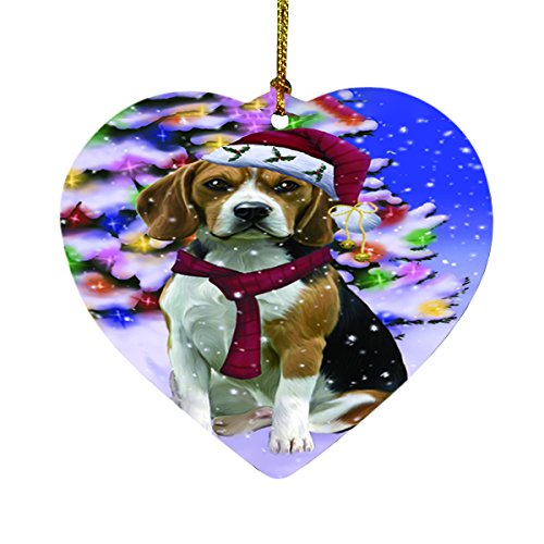 Winterland Wonderland Beagles Dog In Christmas Holiday Scenic Background Heart Ornament D474