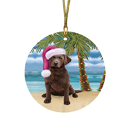 Summertime Christmas Happy Holidays Chesapeake Bay Retriever Adult Dog on Beach Round Flat Ornament POR1242