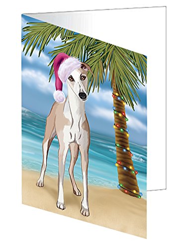Summertime Christmas Happy Holidays Whippet Dog on Beach Handmade Artwork Assorted Pets Greeting Cards and Note Cards with Envelopes for All Occasions and Holiday Seasons GCD3255