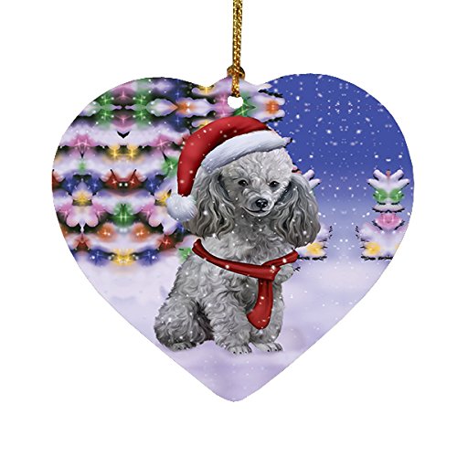 Winterland Wonderland Poodles Puppy Dog In Christmas Holiday Scenic Background Heart Ornament