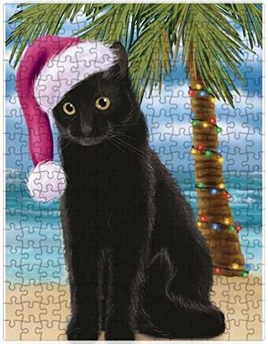Summertime Happy Holidays Christmas Black Cat on Tropical Island Beach Puzzle with Photo Tin