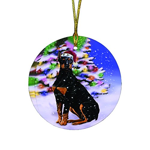 Winterland Wonderland Doberman Dog In Christmas Holiday Scenic Background Round Ornament D491