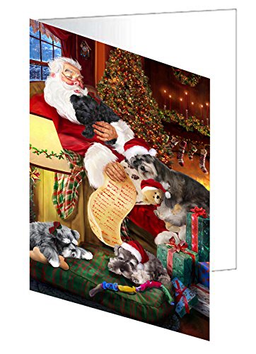 Schnauzer Dog and Puppies Sleeping with Santa Handmade Artwork Assorted Pets Greeting Cards and Note Cards with Envelopes for All Occasions and Holiday Seasons