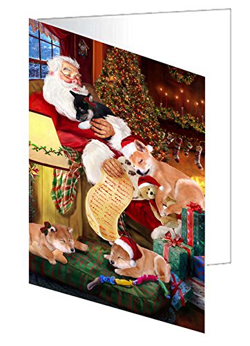 Shiba Inu Dog and Puppies Sleeping with Santa Handmade Artwork Assorted Pets Greeting Cards and Note Cards with Envelopes for All Occasions and Holiday Seasons