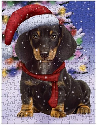 Winterland Wonderland Dachshunds Dog In Christmas Holiday Scenic Background Puzzle with Photo Tin