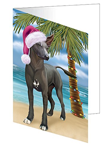 Summertime Christmas Happy Holidays Xoloitzcuintli Mexican Hairless Dog on Beach Handmade Artwork Assorted Pets Greeting Cards and Note Cards with Envelopes for All Occasions and Holiday Seasons GCD3275
