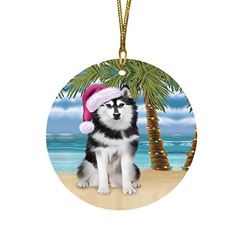 Summertime Husky Dog on Beach Christmas Round Flat Ornament POR1680