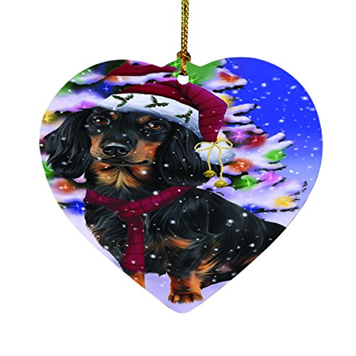Winterland Wonderland Dachshunds Dog In Christmas Holiday Scenic Background Heart Ornament D490