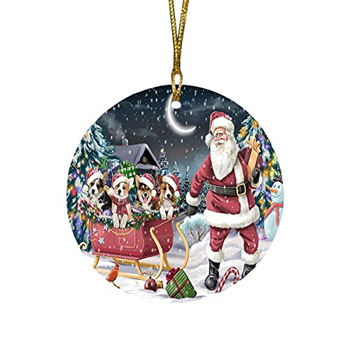Santa Sled Dogs Corgi Christmas Round Flat Ornament POR1563