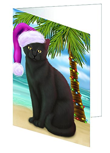 Summertime Christmas Black Cat on Tropical Island Beach Handmade Artwork Assorted Pets Greeting Cards and Note Cards with Envelopes for All Occasions and Holiday Seasons