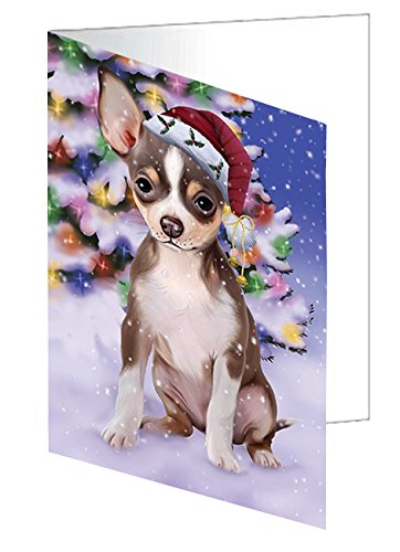 Winterland Wonderland Chihuahua Dog In Christmas Holiday Scenic Background Handmade Artwork Assorted Pets Greeting Cards and Note Cards with Envelopes for All Occasions and Holiday Seasons