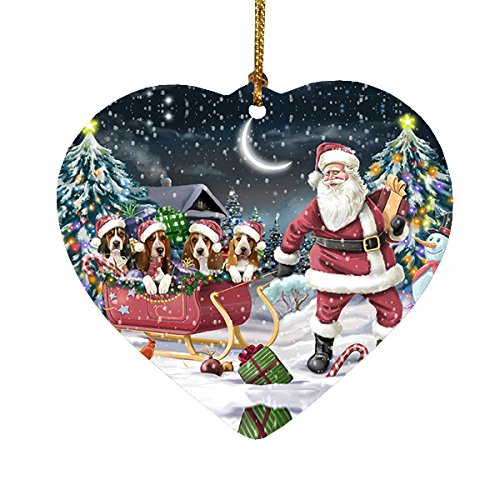 Santa Sled Dogs Basset Hound Christmas Heart Ornament POR2100