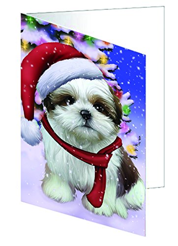 Winterland Wonderland Shih Tzu Dog In Christmas Holiday Scenic Background Handmade Artwork Assorted Pets Greeting Cards and Note Cards with Envelopes for All Occasions and Holiday Seasons