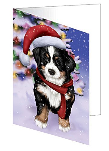 Winterland Wonderland Bernese Mountain Dog In Christmas Holiday Scenic Background Handmade Artwork Assorted Pets Greeting Cards and Note Cards with Envelopes for All Occasions and Holiday Seasons