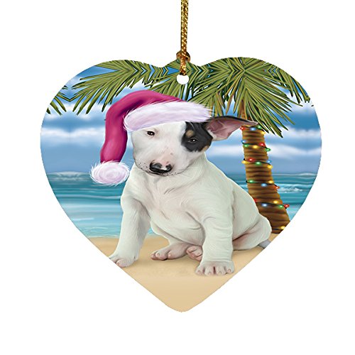 Summertime Happy Holidays Christmas Bull Terrier Dog on Tropical Island Beach Heart Ornament