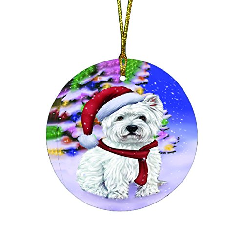 Winterland Wonderland West Highland Terriers Puppy Dog In Christmas Holiday Scenic Background Round Ornament D519