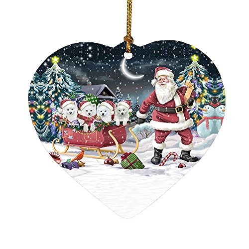 Santa Sled Dogs American Eskimo Christmas Heart Ornament POR2058
