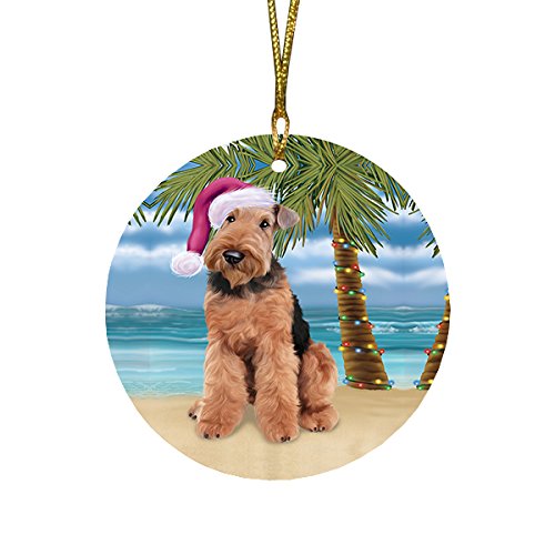 Summertime Airedale Dog on Beach Christmas Round Flat Ornament POR1580