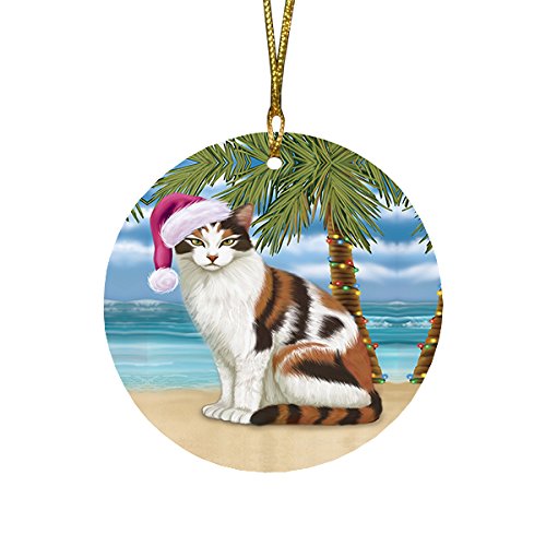 Summertime Calico Cat on Beach Christmas Round Flat Ornament POR1639