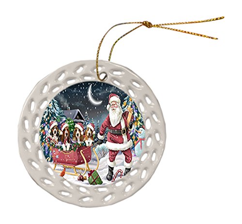 Santa Sled Dogs Basset Hound Christmas Round Doily Ornament POR404